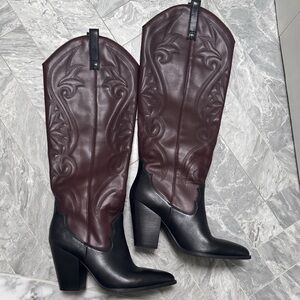 Steve Madden Two-Tone Western Knee-High Boots - Black & Burgundy
